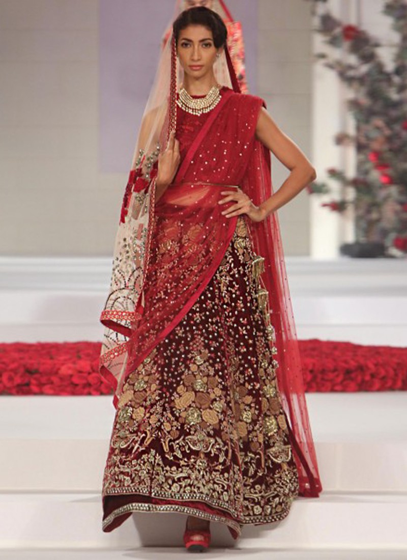 Designer Maroon Indian Bridal Lehenga Choli with Floral Work at Zikimo