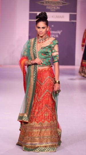 Enthralling green/ red colour completely embroidered lehnga