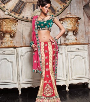 lurid Green With Golden and Red designer bridal Lehenga