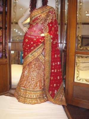 luscious Red designer bridal Lehenga With Dabka All over