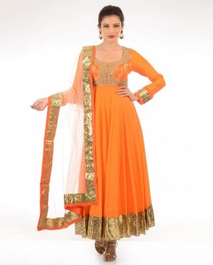 Enticing Silk fabric Orange full sleeve Bridal or Ceremonial suit