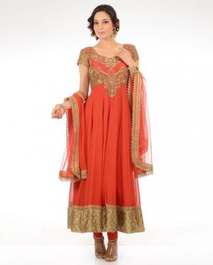 Enhancing Georgette fabric Red Embroidered Yoke Suit