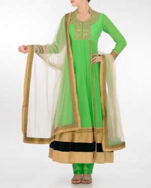 Alluring environmentally friendly green georgette fabric bridal or ceremonial suit