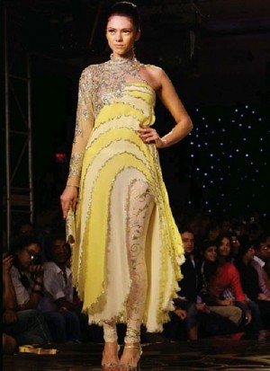 appealing yellow color awesome embroidered designer suit