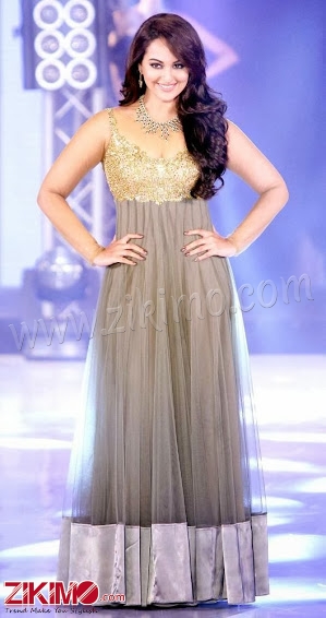 Sonakshi Sinha looked pretty in a grey and golden flowing gown.