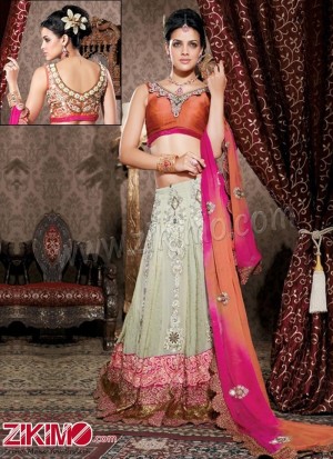 Get Appealing Look With Green & Coral Bridal  Lehenga