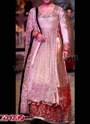 Long Side Cut Top Beige & Red Embroidered Lehenga