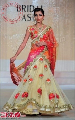 Stylish Look Orange and Golden Bridal Lehenga With Floral Work
