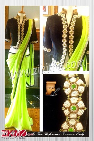 Green Pure Georgette Saree with Black Velvet Bloues