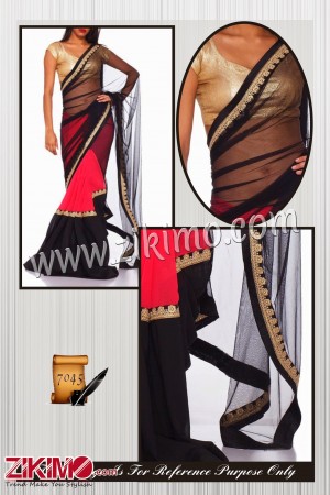 Red and Black Net and Georgette Saree with Brocade Blouse