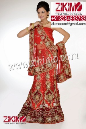 Charming Red Wedding Net Fabric Lehenga with beads, cutdana, stones and zari work
