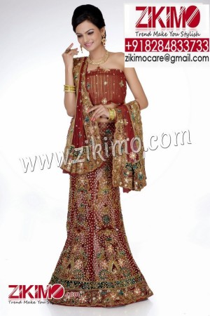 Maroon Bridal Net Fabric Lehenga with stones and zari work