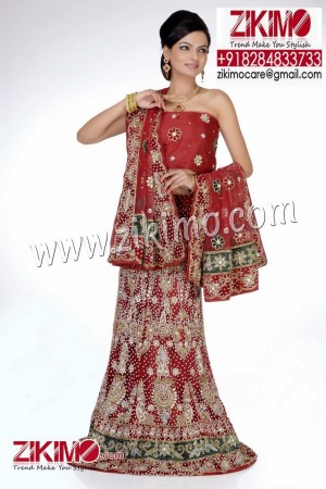 Graceful Maroon Indian Bridal Net Fabric Lehenga with stones and zari work