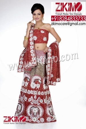 Appealing Red and White Indian Bridal Net Fabric Lehenga with stones and zari work