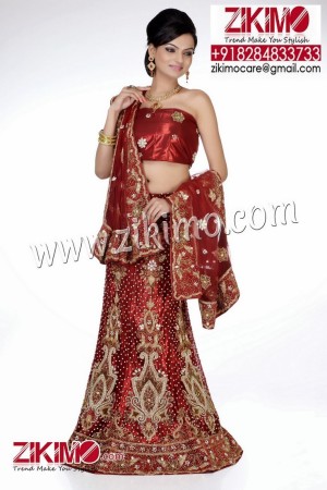 Pleasing Maroon Indian Bridal Net Fabric Lehenga with stones and zari work