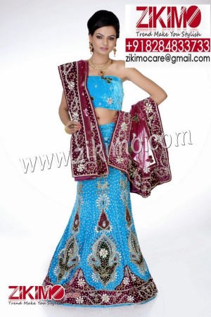 Dazzling Look Blue Maroon Indian Wedding velvet Lehenga having beads, cutdana work
