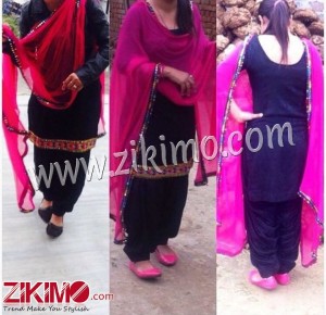 Black Cotton Satin Punjabi Salwar Salwar Suit With Pink Dupatta