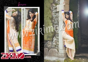 Beige and Orange Printed and Embroidery with Lace Cotton Lawn XL Size Party Wear Stitched Kurti 1003