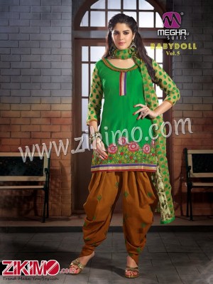 Baby Doll Green and Brown Embroidered Cotton Un-Stitched Patiyala Suit With Chiffon Dupatta 511