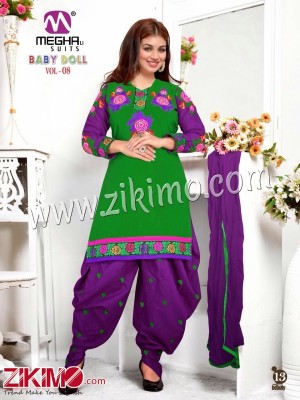 Baby Doll Green and Purple Embroidered Cotton Un-Stitched Patiyala Suit With Chiffon Dupatta 813
