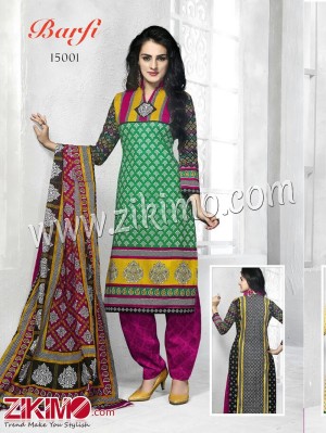 Barfi Green and Pink Cotton Un-stitched Daily Wear Straight Suit With Cotton Dupatta 15001