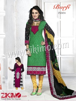 Barfi Green and LightYellow Cotton Un-stitched Daily Wear Straight Suit With Cotton Dupatta 15004