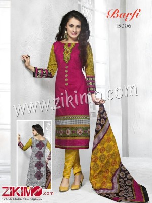 Barfi Magenta and Yellow Cotton Un-stitched Daily Wear Straight Suit With Cotton Dupatta 15006