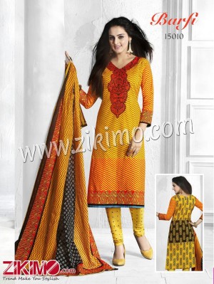 Barfi Yellow and Red Cotton Un-stitched Daily Wear Straight Suit With Cotton Dupatta 15010