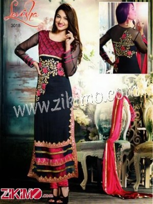 Gauhar Khan Black and Pink Embroidered Georgette Semi-Stitched Straight Suit with Chiffon Dupatta 3018