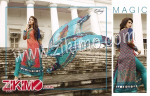 CarrotPink and AquaMarine Printed Cotton Satin Un-stitched Straight Suit With Bamberg Dupatta 4506
