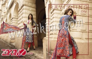 Blue and Red Printed Cotton Satin Un-stitched Straight Suit With Bamberg Dupatta 4507