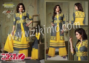 Khushika Hoor Grey Yellow Pure Cotton Long Straight Suit 6003