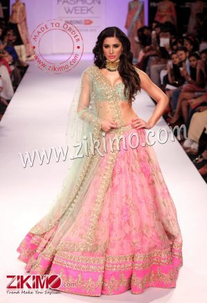 Gorgeous Floral Printed Pink lehenga With Blue embroidrered Choli and Dupatta