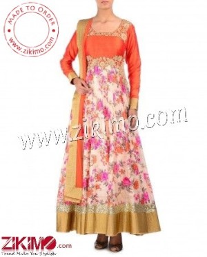 Floral Printed Orange Designer AnarKali Suit