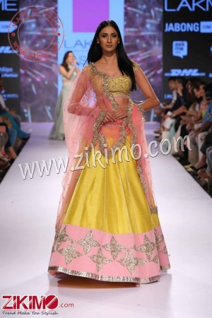 Baby Pink And Yellow Raw Silk Contrast Pretty Embroirdered Lehnega choli with Pink Dupatta