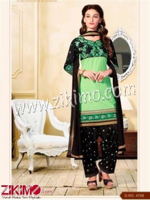 MintGreen and Black Embroidered Cotton Un-stitched Patiyala Salwar Suit With Chiffon Dupatta 4758