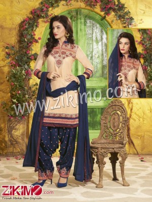 Patiala House Beige and MidNightBlue Embroidered Pure Cotton With Chiffon Dupatta Party Wear Un-stitched Patiyala Suit 5060