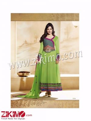 Neha Light Green and Pink Georgette Embroidered Anarkali Semi-stitched Suit