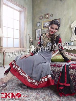 Gauhar Khan Embroidered Georgette Grey and Black Semi-Stitched Anarkali Suit