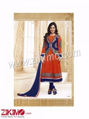 Neha Embroidered Georgette Orange and Blue Anarkali Semi-stitched Suit