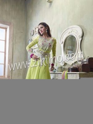 Gauhar Khan Embroidered Georgette Light Green and Pink Semi-Stitched Anarkali Suit with Chiffon Dupatta
