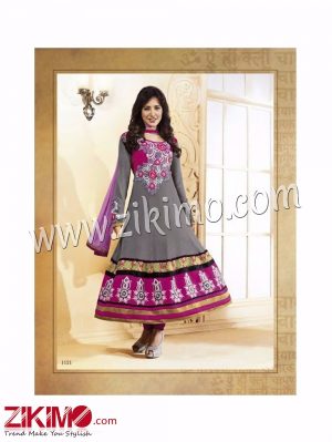 Neha Embroidered Georgette Gray and Magenta Anarkali Semi-stitched Suit with Chiffon Dupatta