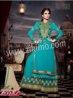 AquaBlue and SeaGreen Foux Georgette Long Stylish Plazzo Semi-Stitched Designer Suit