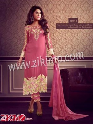 Pink and Yellow Embroidered Georgette Semi-stitched Pakistani Suit