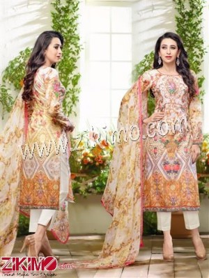 Multicolor and Ivory Embroidered Cotton Satin Un-stitched Pakistani Suit