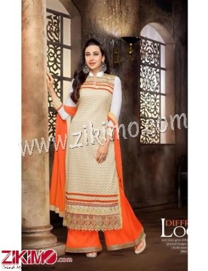 Ivory and Orange Embroidered Georgette Semi-stitched Straight Suit