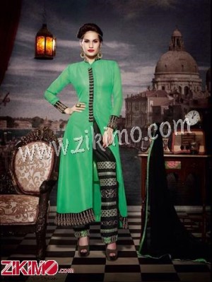 ForestGreen and Black Georgette Long Stylish Pant StyleSemi-Stitched Designer Suit