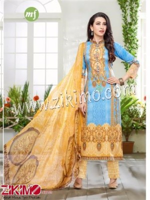 SkyBlue and Yellow Embroidered Cotton Satin Un-stitched Pakistani Suit