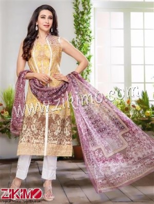 Yellow Brown and White Embroidered Cotton Satin Un-stitched Pakistani Suit