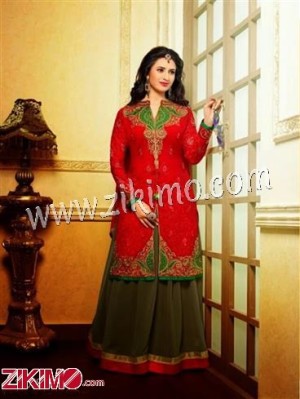 Red and Brown Embroidered Georgette Straight Suit with Chiffon Dupatta